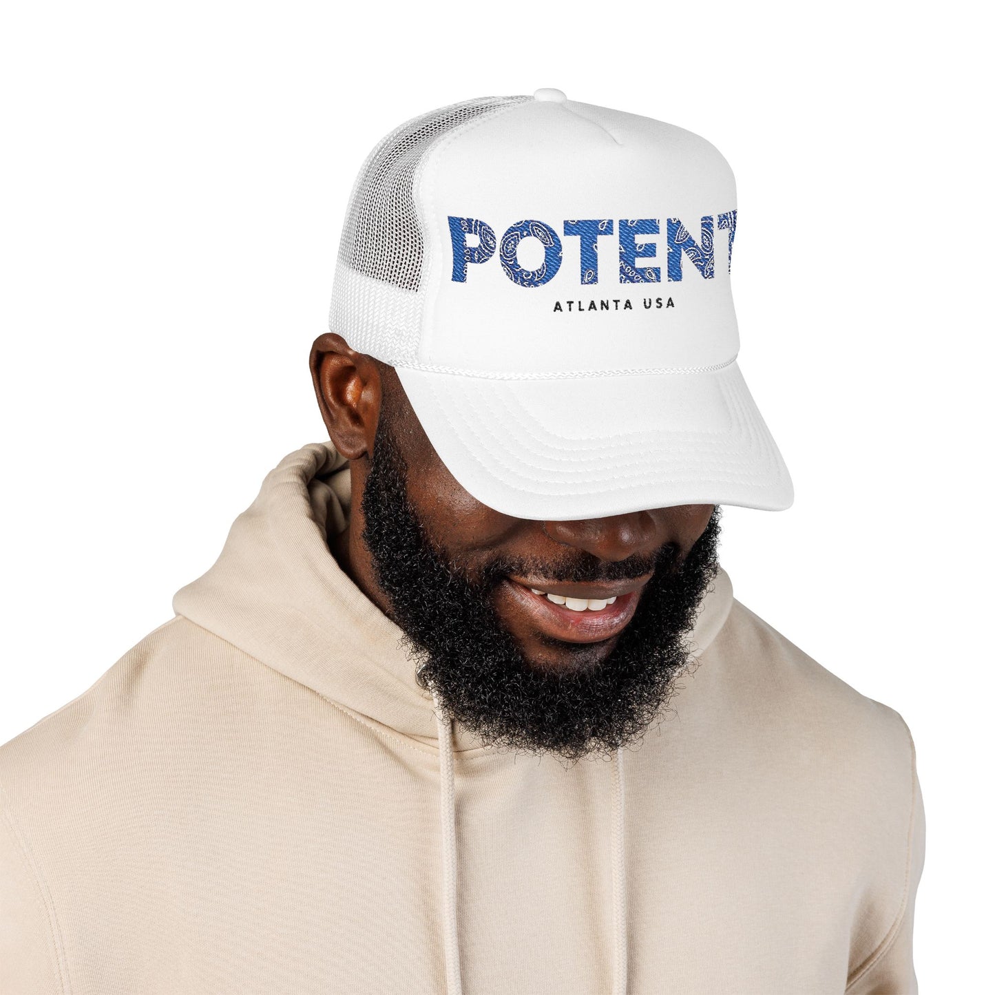 Potent Embroidered Trucker Hat — Navy Foam Mesh Cap
