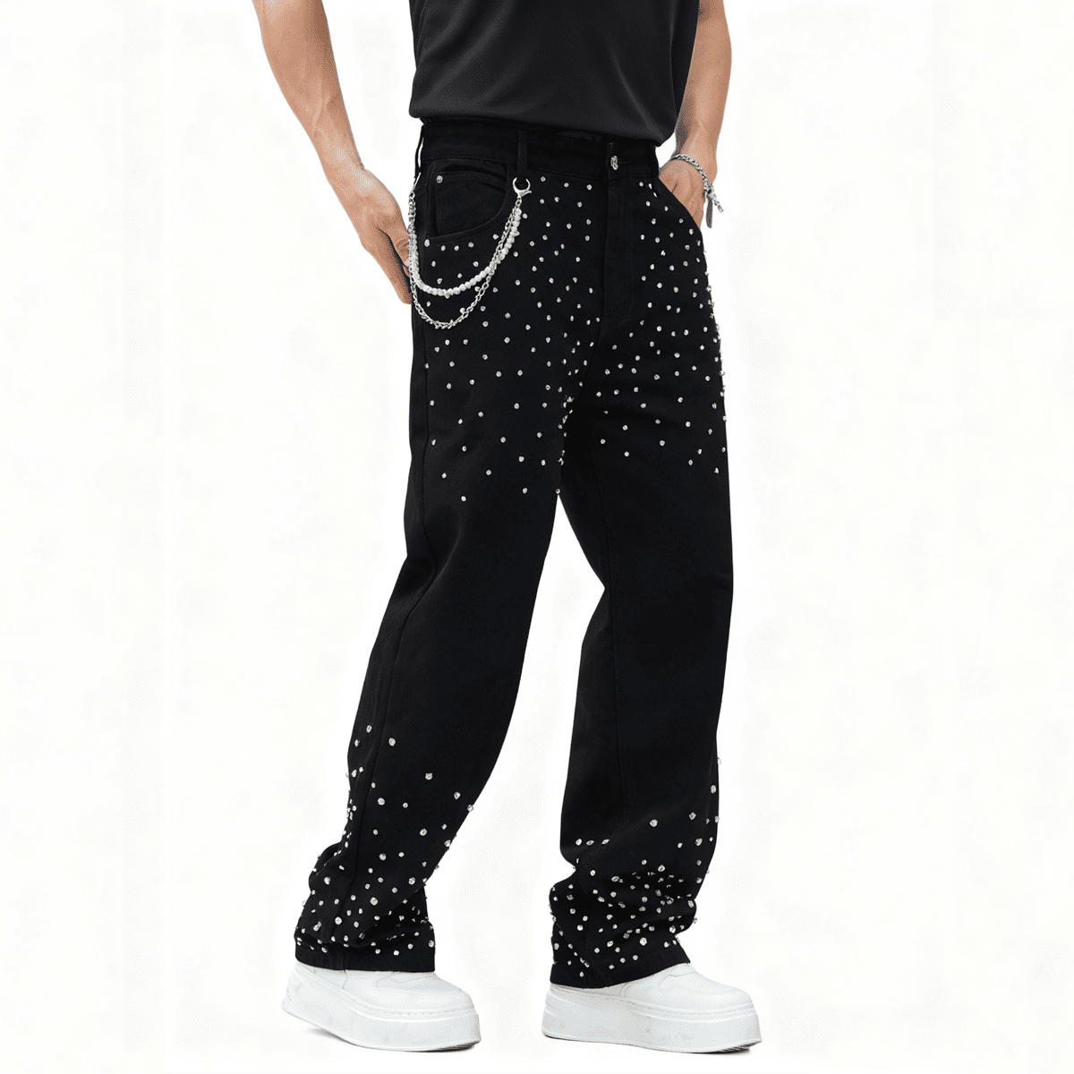 Unisex Rhinestone-Embellished Relaxed Straight-Leg Jeans