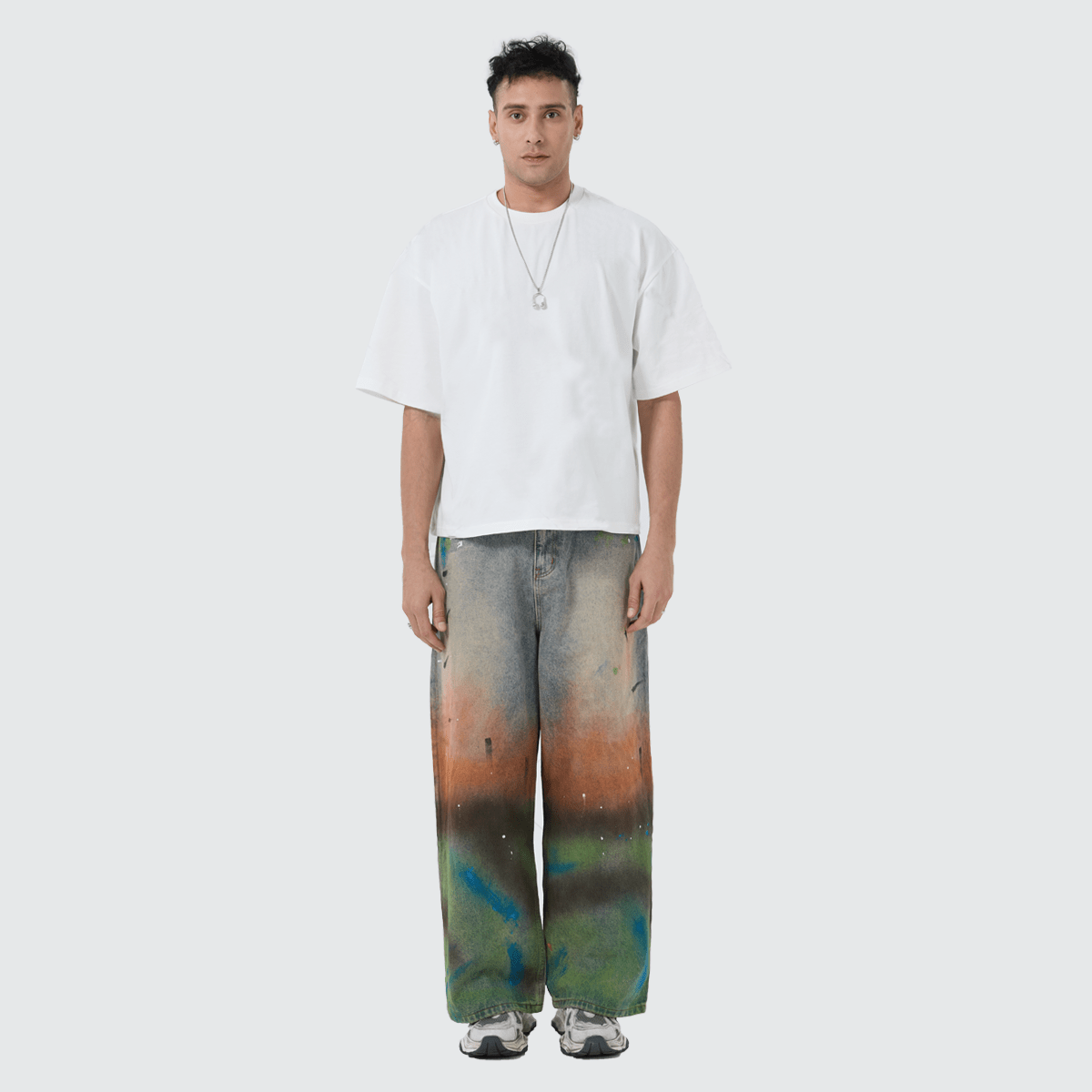 Unisex Vintage Washed Distressed Paint-Splatter Denim Jeans