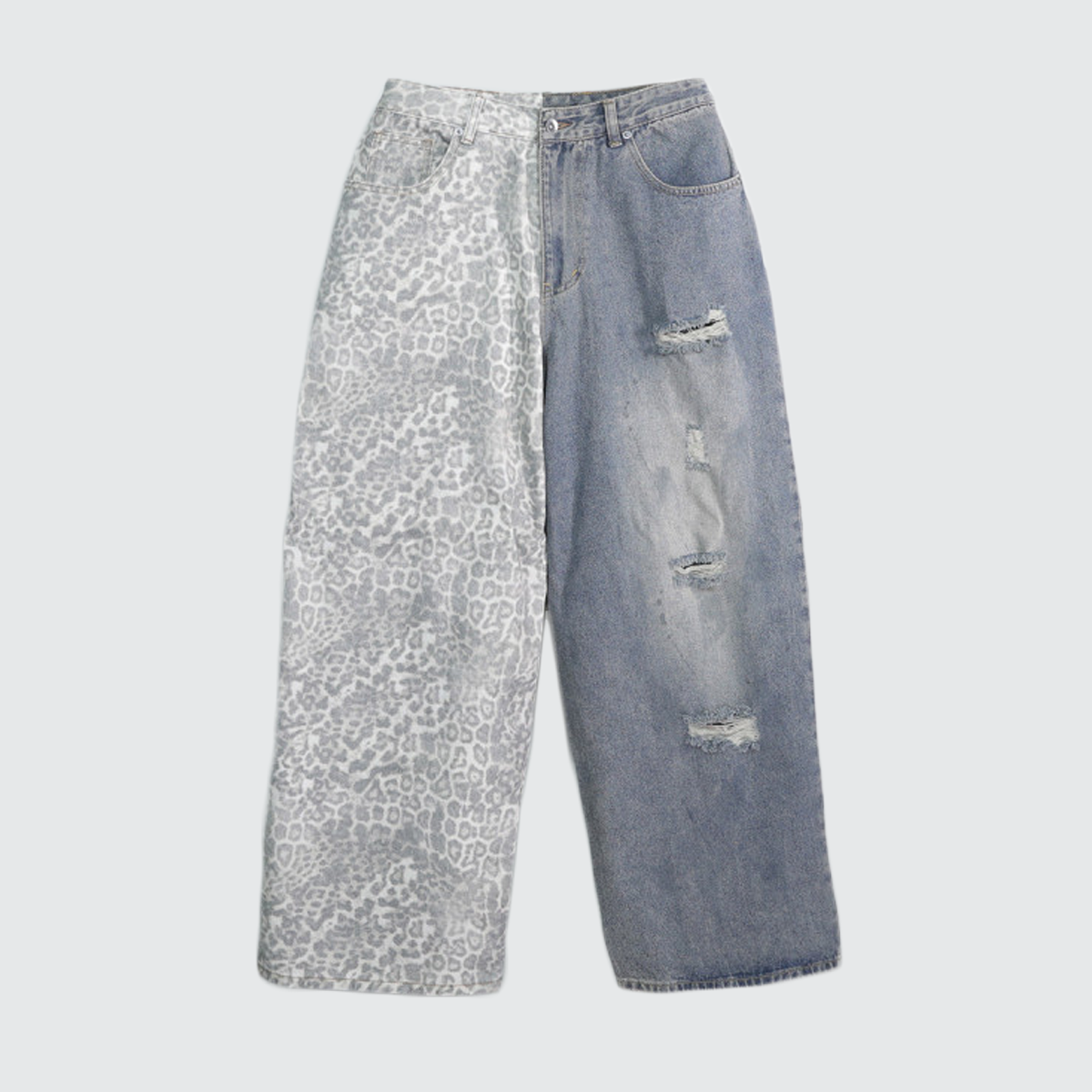 Unisex Washed Distressed Leopard Print Ripped Wide-leg Jeans
