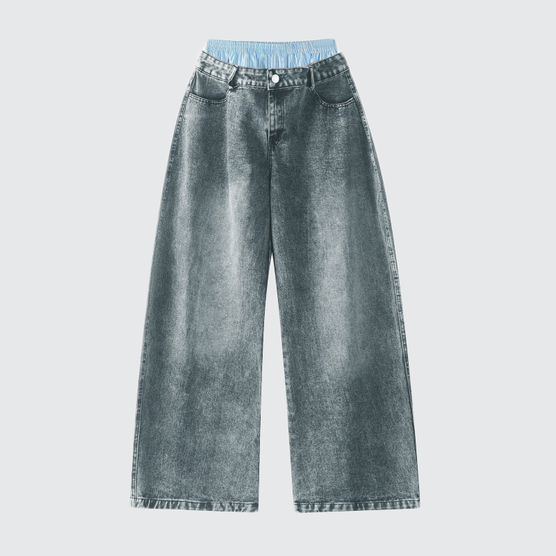 Unisex Double Waist Design Hip-hop Style Wide Leg Jeans