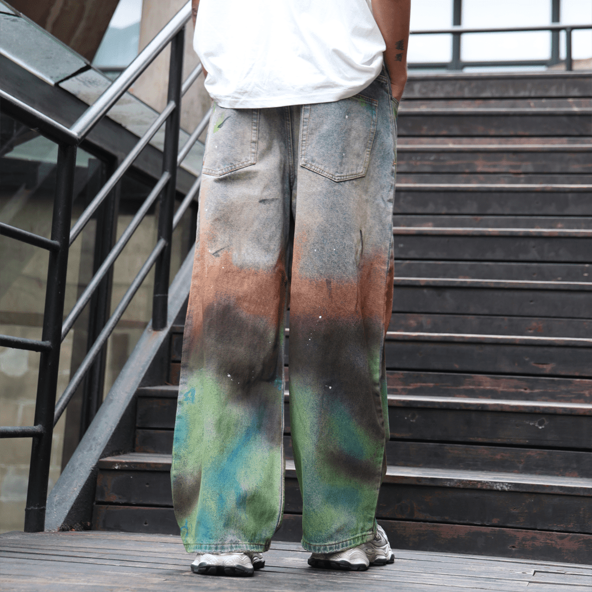 Unisex Vintage Washed Distressed Paint-Splatter Denim Jeans