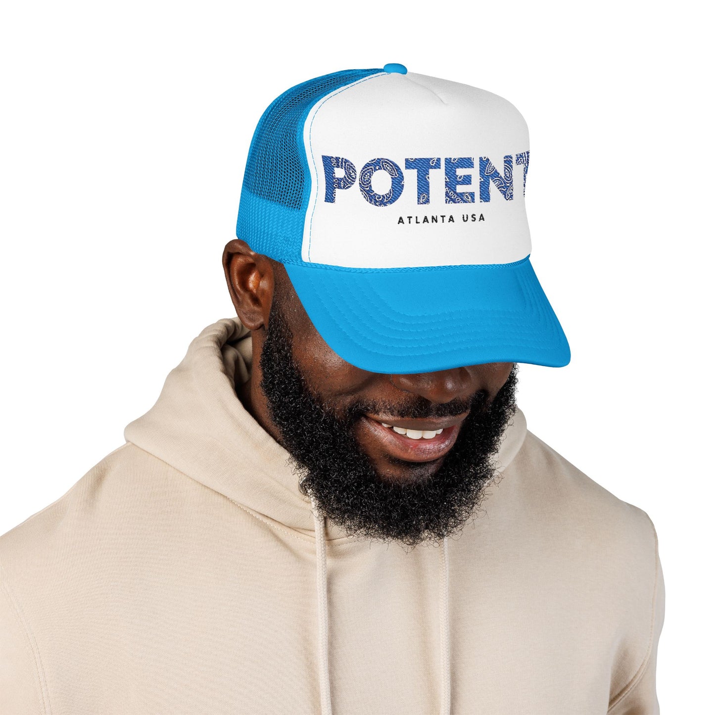 Potent Embroidered Trucker Hat — Navy Foam Mesh Cap