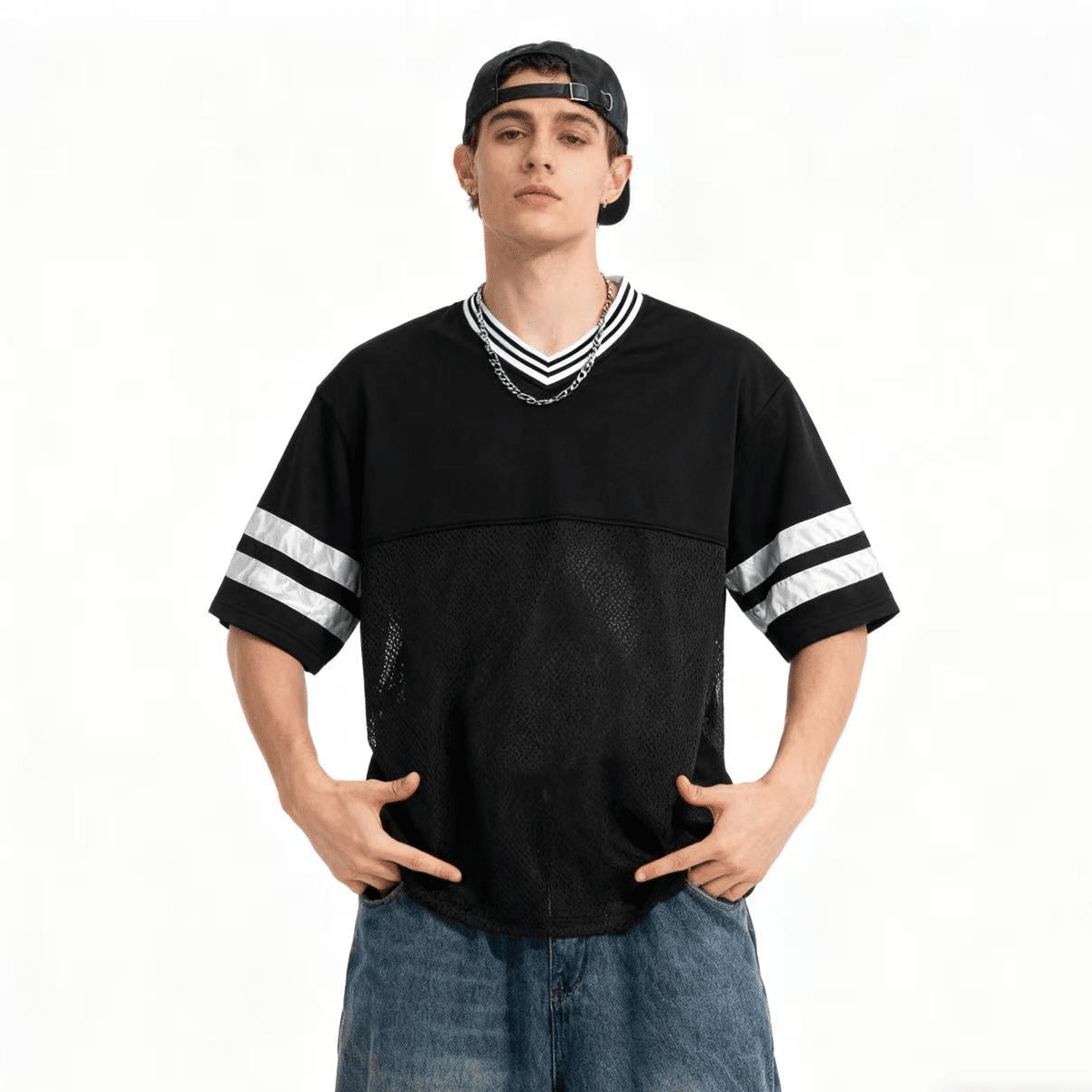 Unisex Oversized Cropped Vintage Jacquard-collar Mesh T-shirt（290GSM）
