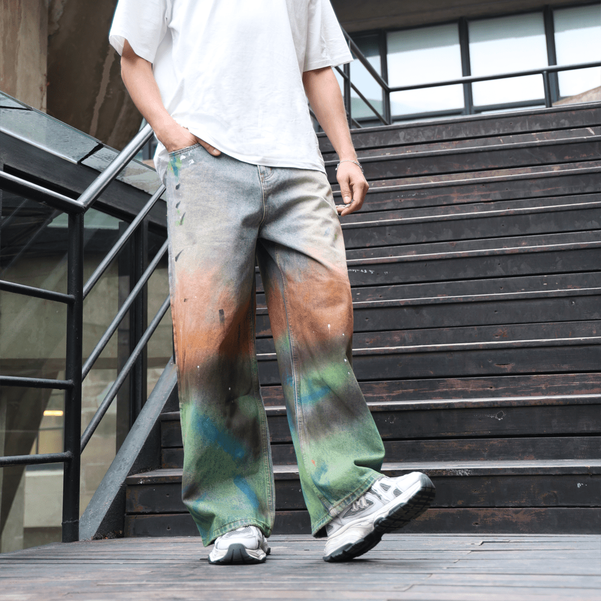 Unisex Vintage Washed Distressed Paint-Splatter Denim Jeans