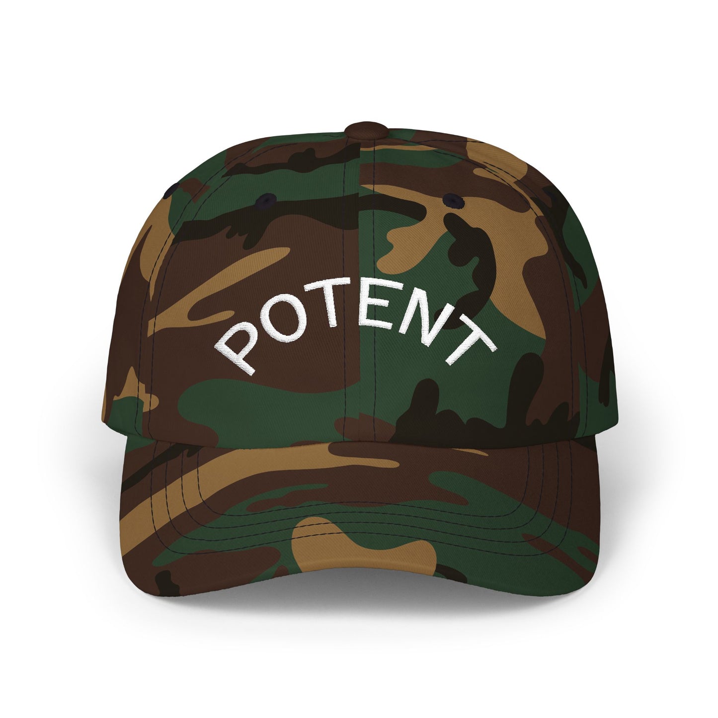 Potent Embroidered Dad Cap — Minimal White Baseball Hat