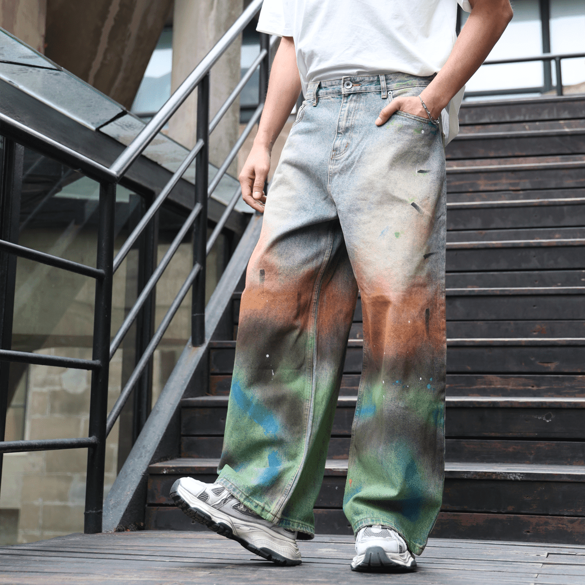 Unisex Vintage Washed Distressed Paint-Splatter Denim Jeans