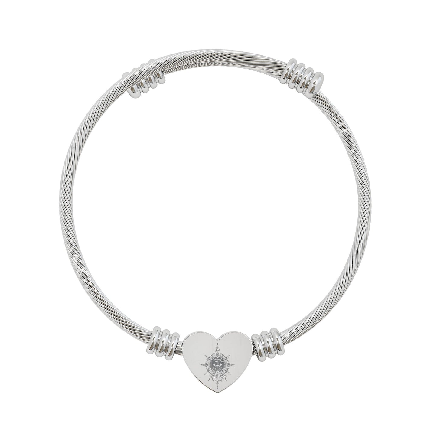 Engravable Heart Cuff Bracelet — Personalized Floral Heart Cable Bangle (Silver or Gold)
