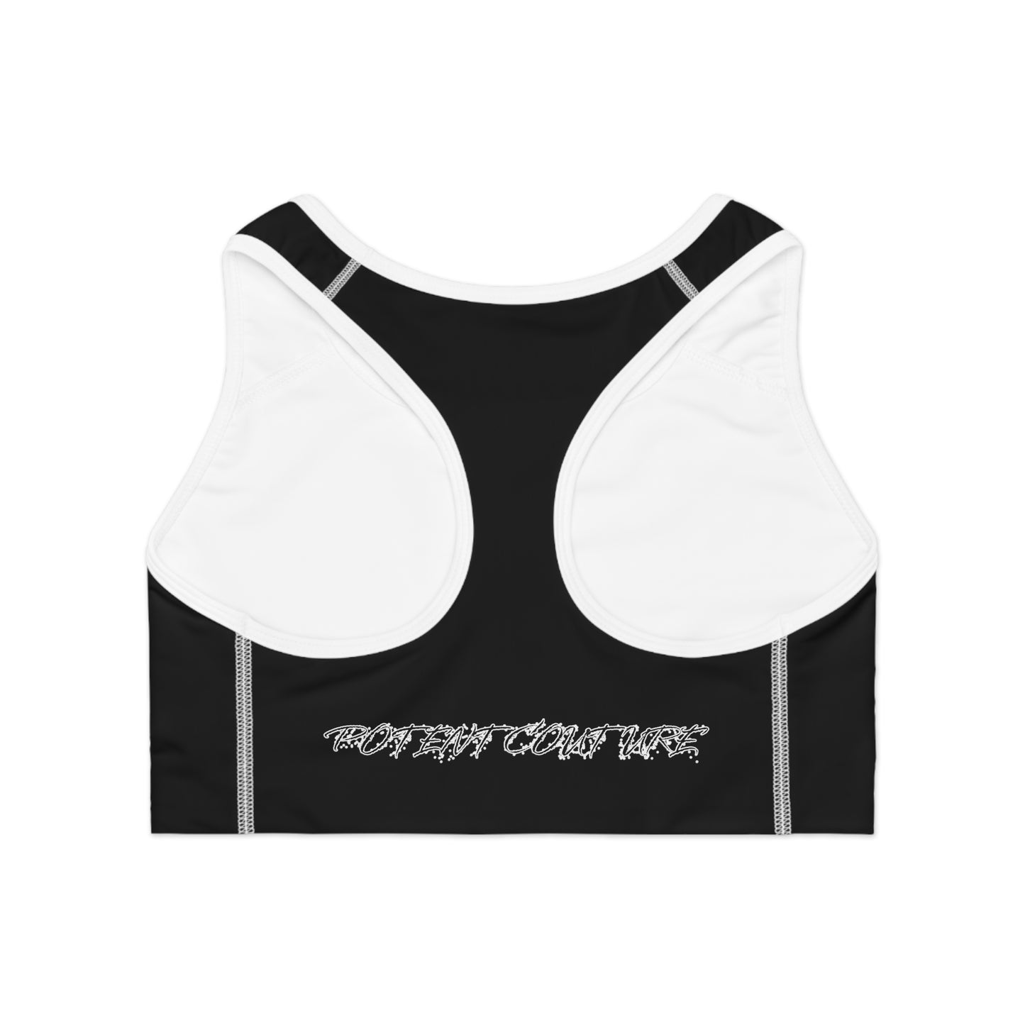 Black Graphic Sports Bra — 'Profeat Couture' Logo Racerback Activewear