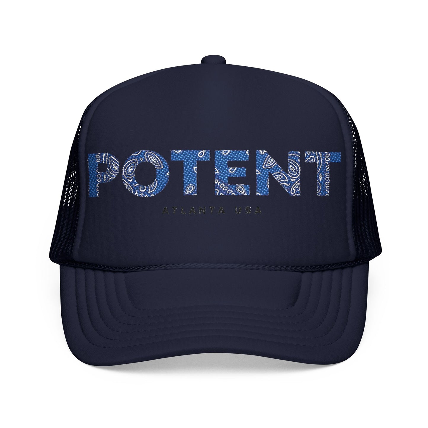 Potent Embroidered Trucker Hat — Navy Foam Mesh Cap