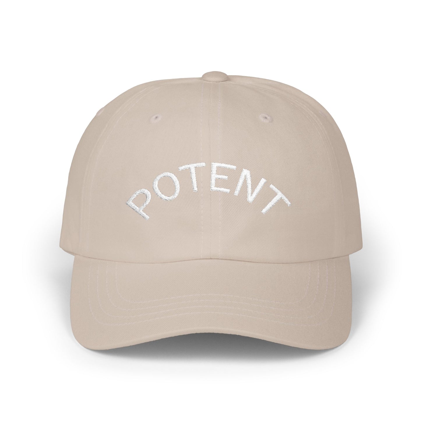 Potent Embroidered Dad Cap — Minimal White Baseball Hat