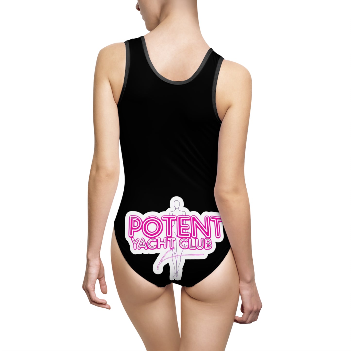 Potent Yacht Club Women's One-Piece Swimsuit — Black All-Over Logo