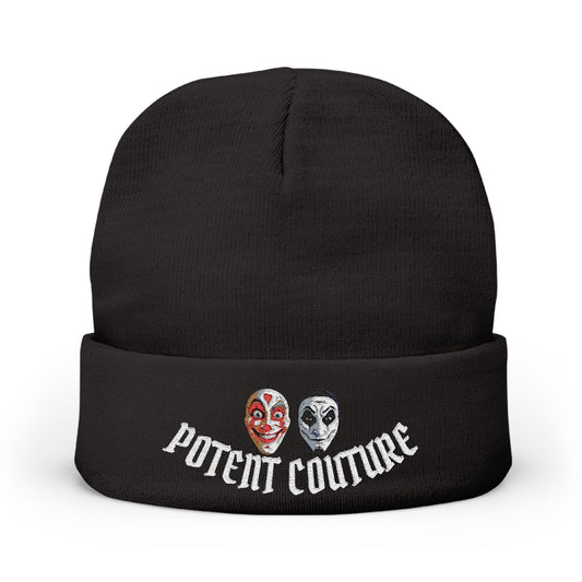Embroidered 'Potent Couture' Mask Beanie — Knit Winter Hat with Dual Masks