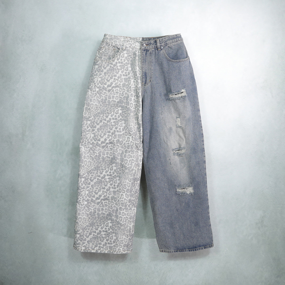 Unisex Washed Distressed Leopard Print Ripped Wide-leg Jeans