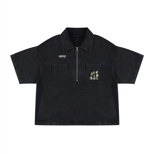 Unisex Vintage Wash Boxy Quarter-Zip Denim Shirt