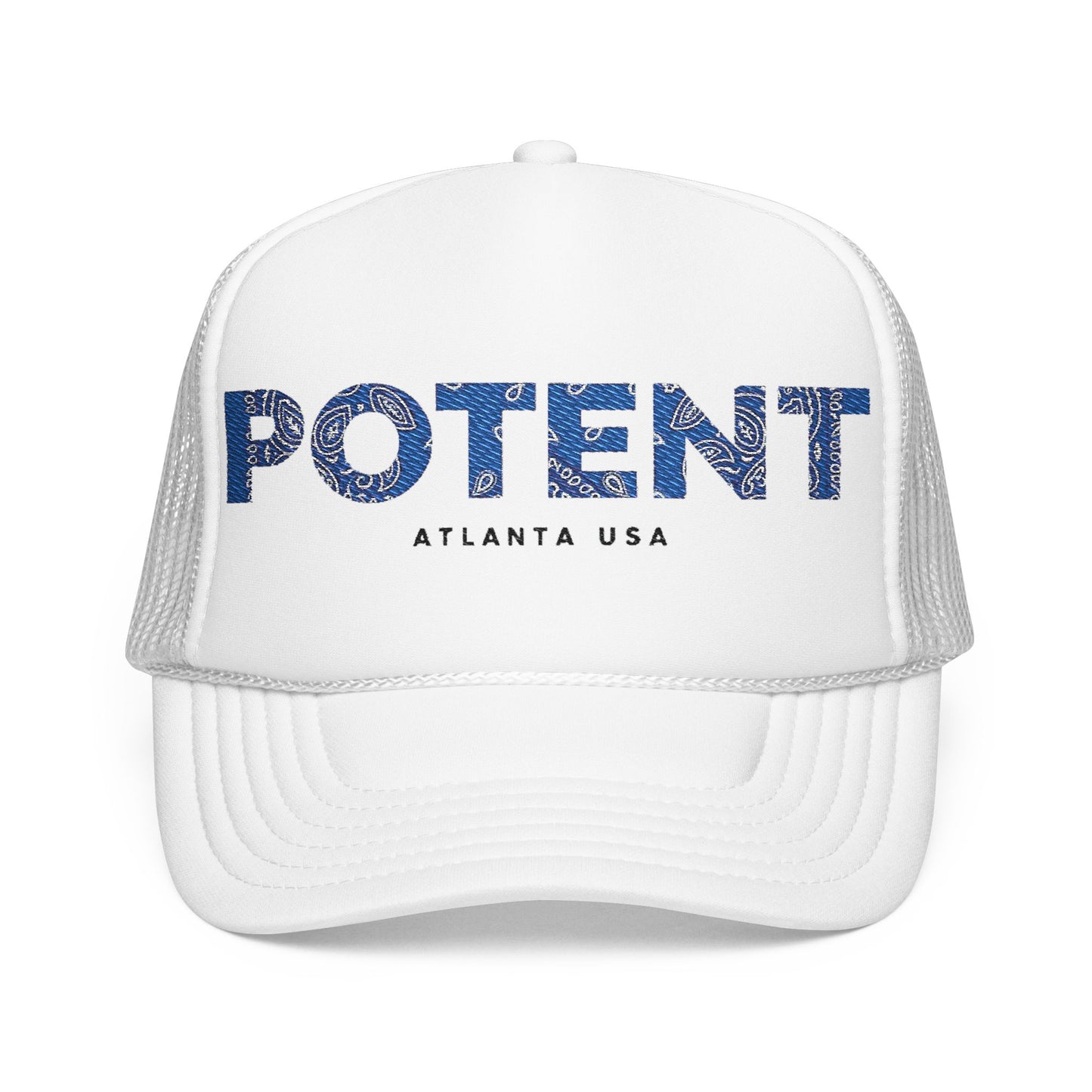 Potent Embroidered Trucker Hat — Navy Foam Mesh Cap
