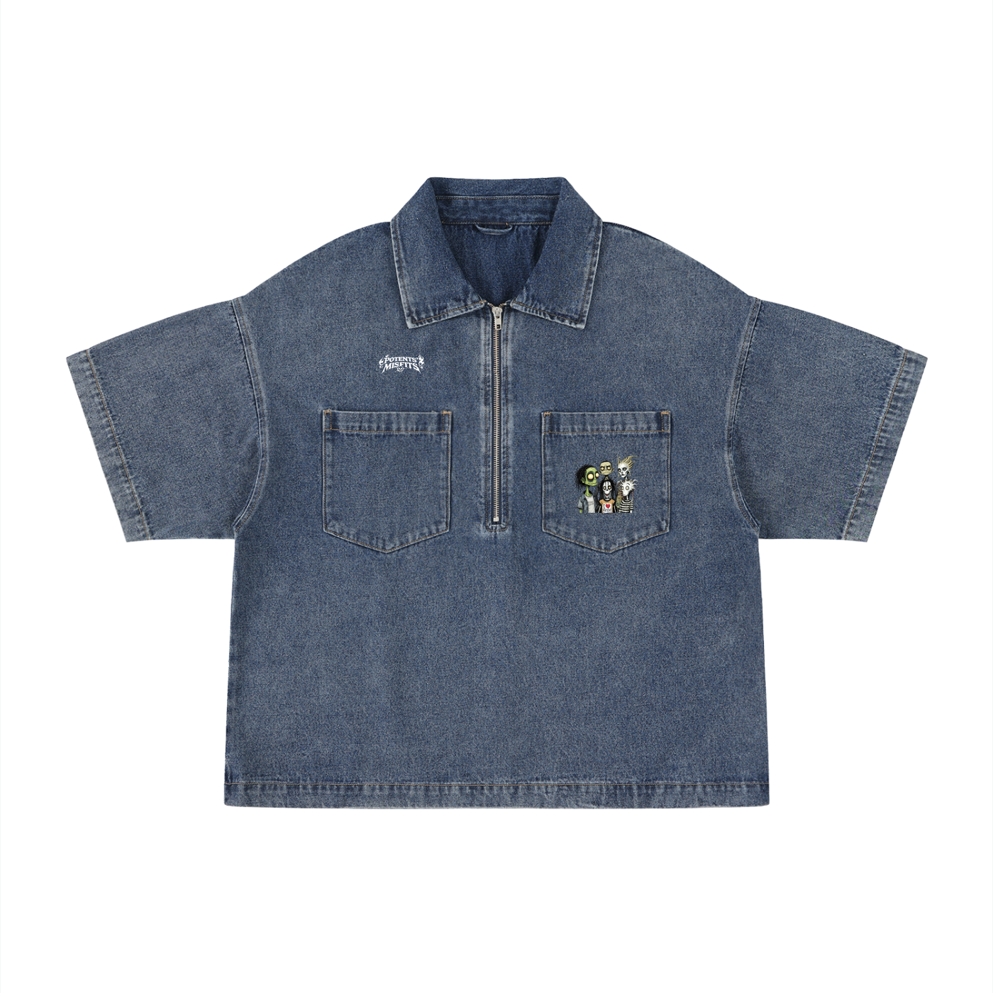 Unisex Vintage Wash Boxy Quarter-Zip Denim Shirt