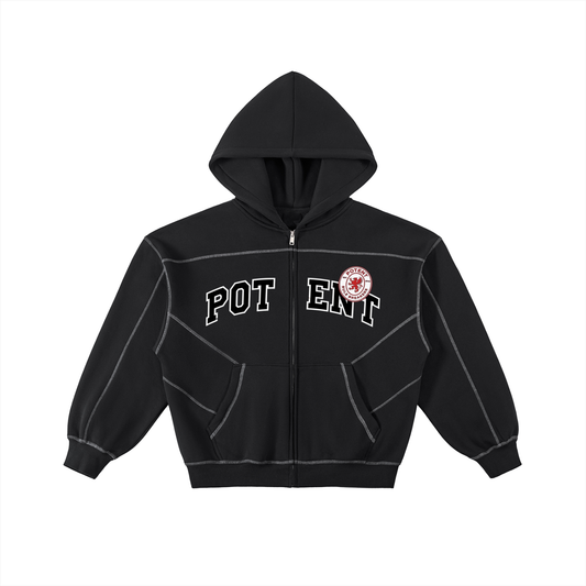 Contrast-Stitched Boxy Fleece Zip Hoodie