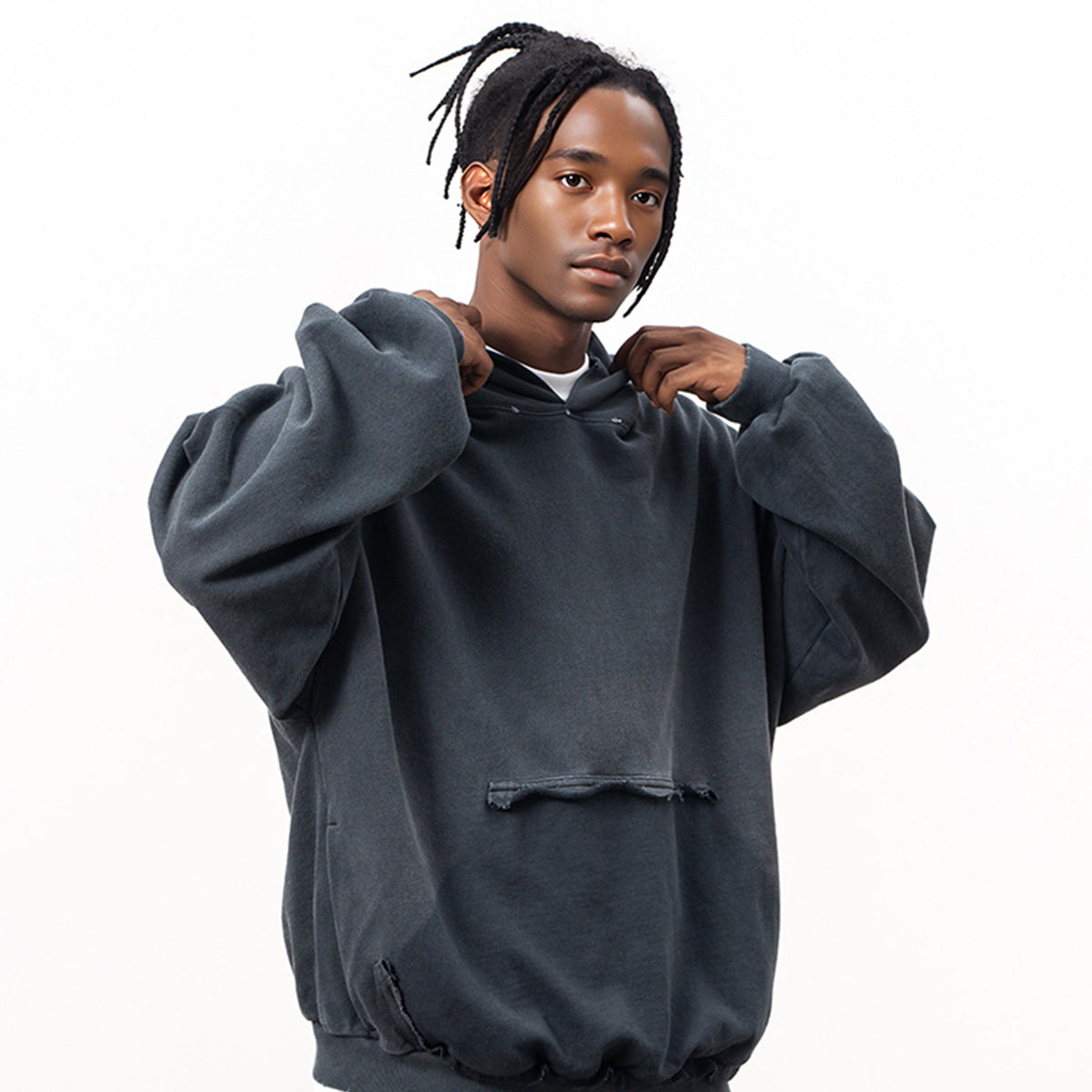 Heavyweight Reverse Pocket Design Distressed Hoodie (440GSM)