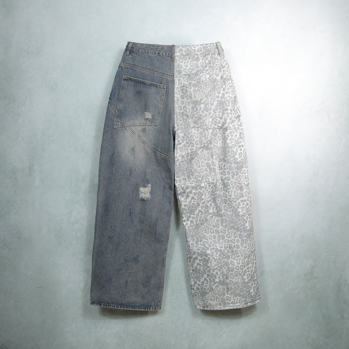 Unisex Washed Distressed Leopard Print Ripped Wide-leg Jeans