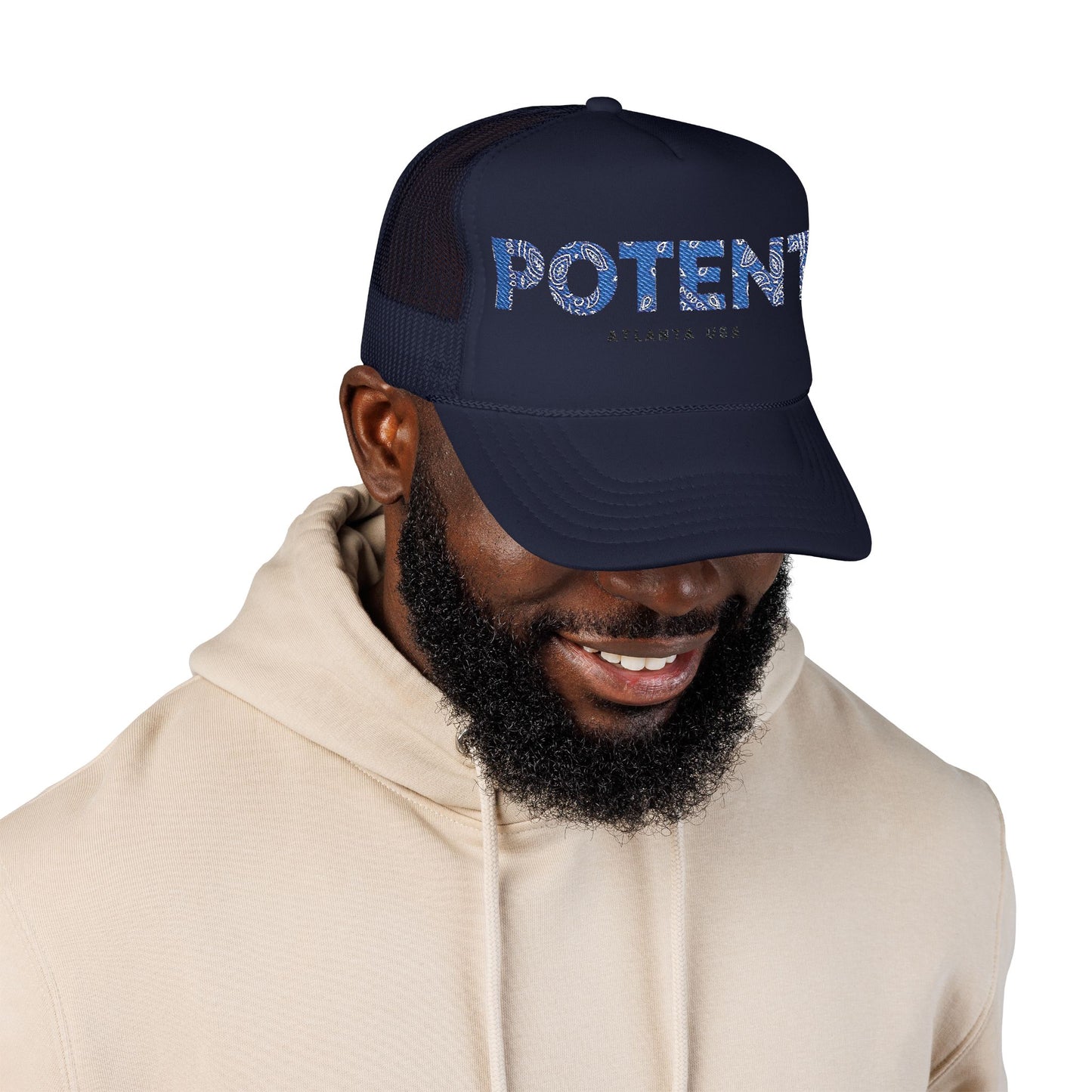 Potent Embroidered Trucker Hat — Navy Foam Mesh Cap