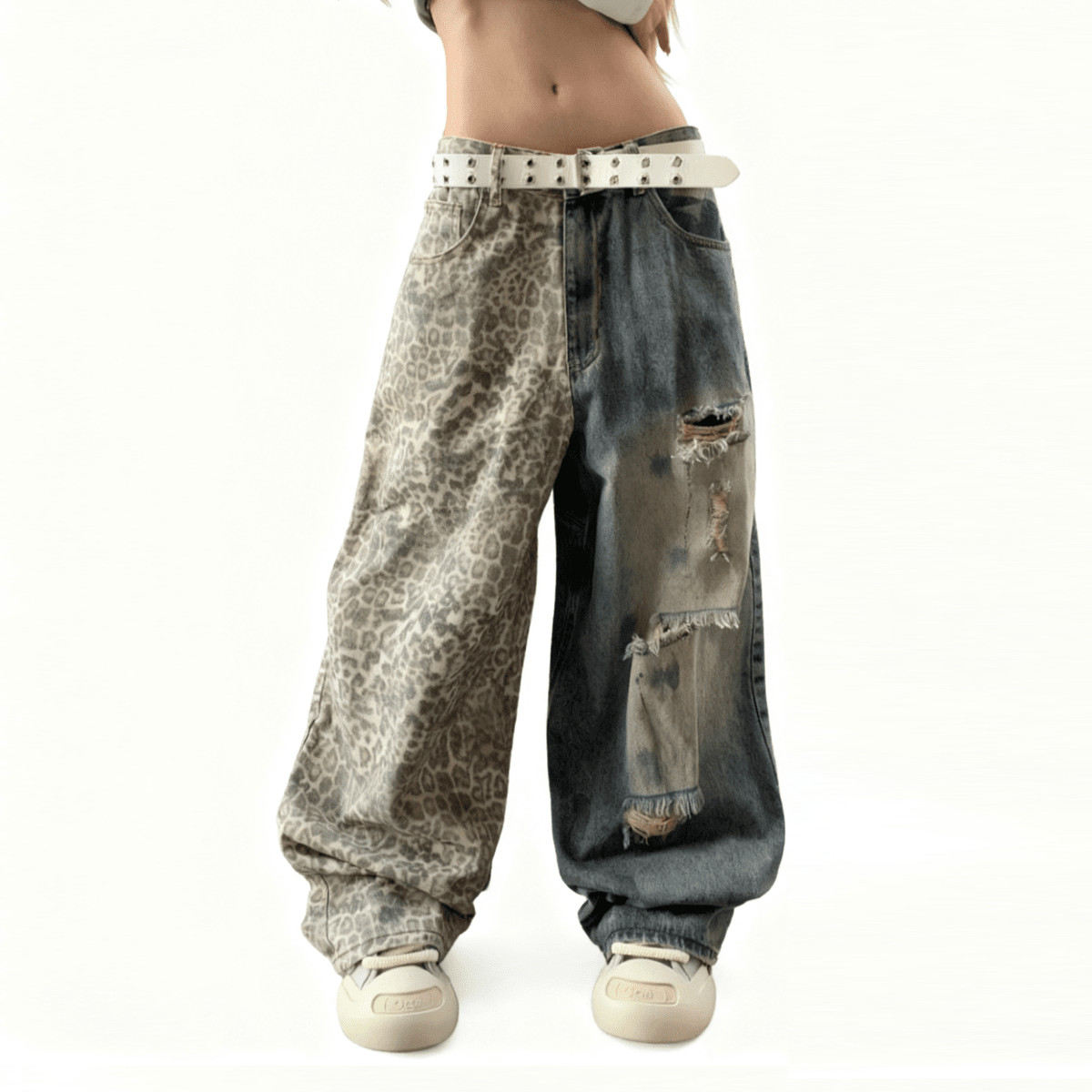 Unisex Washed Distressed Leopard Print Ripped Wide-leg Jeans