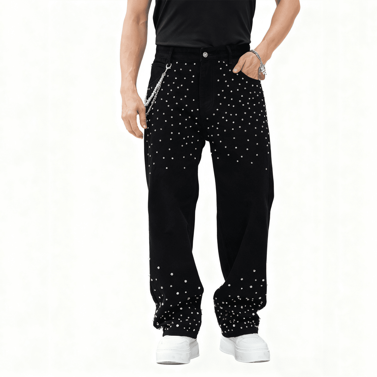 Unisex Rhinestone-Embellished Relaxed Straight-Leg Jeans
