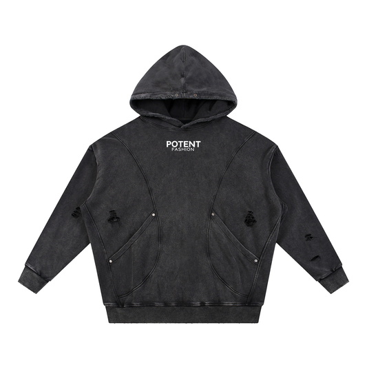 Snow Washed Distressed Panel Pocket Hoodie 420 GSM