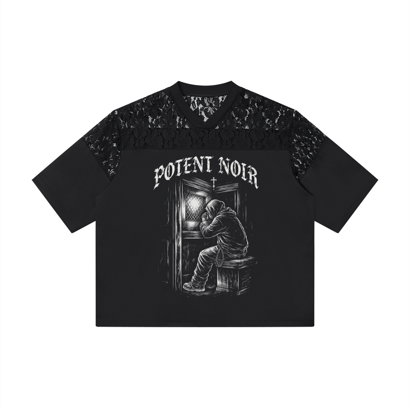 Unisex Lace Paneling V-Neck T-Shirt