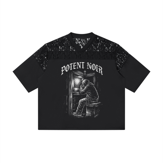 Unisex Lace Paneling V-Neck T-Shirt