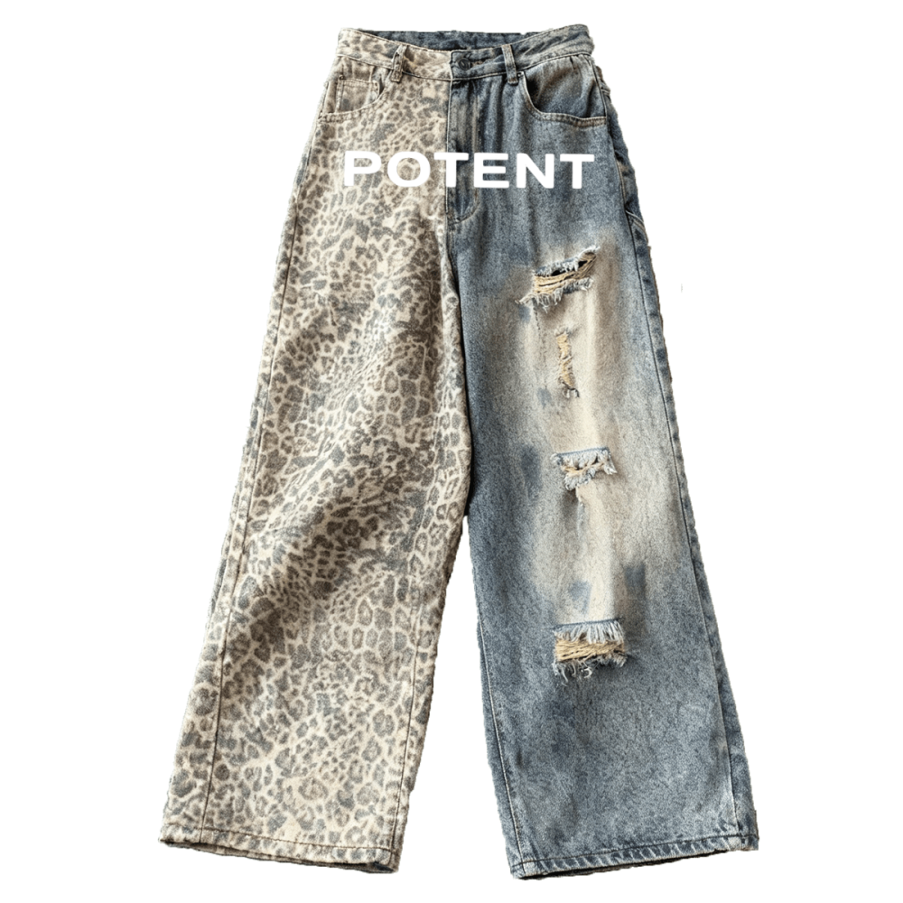 Unisex Washed Distressed Leopard Print Ripped Wide-leg Jeans