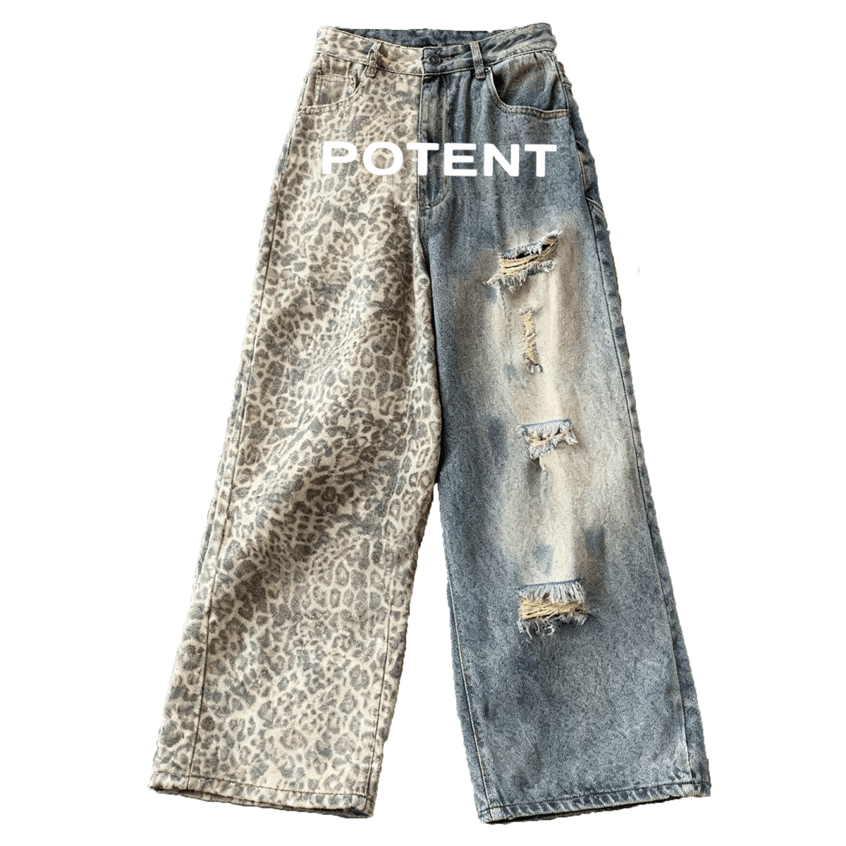 Unisex Washed Distressed Leopard Print Ripped Wide-leg Jeans