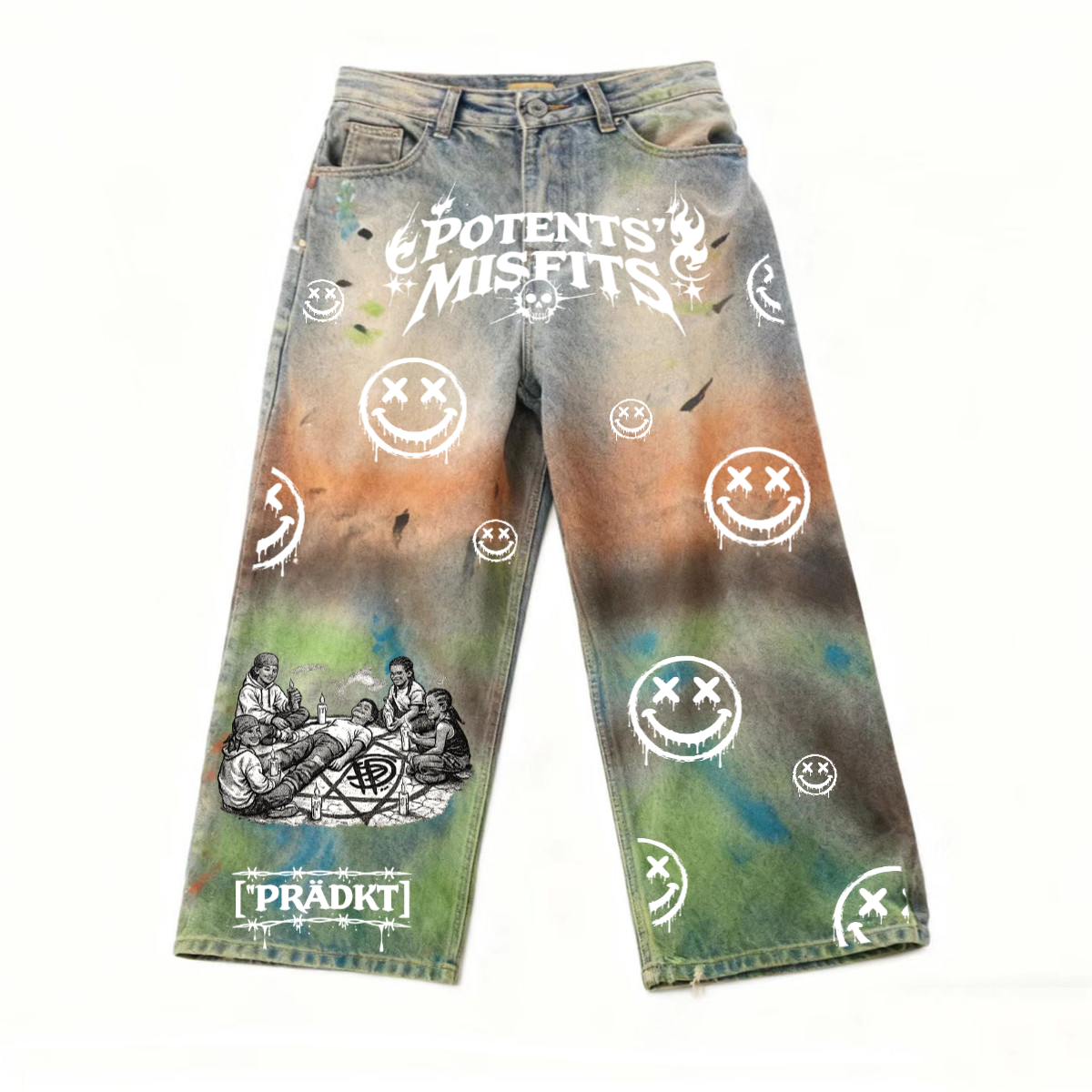 Unisex Vintage Washed Distressed Paint-Splatter Denim Jeans