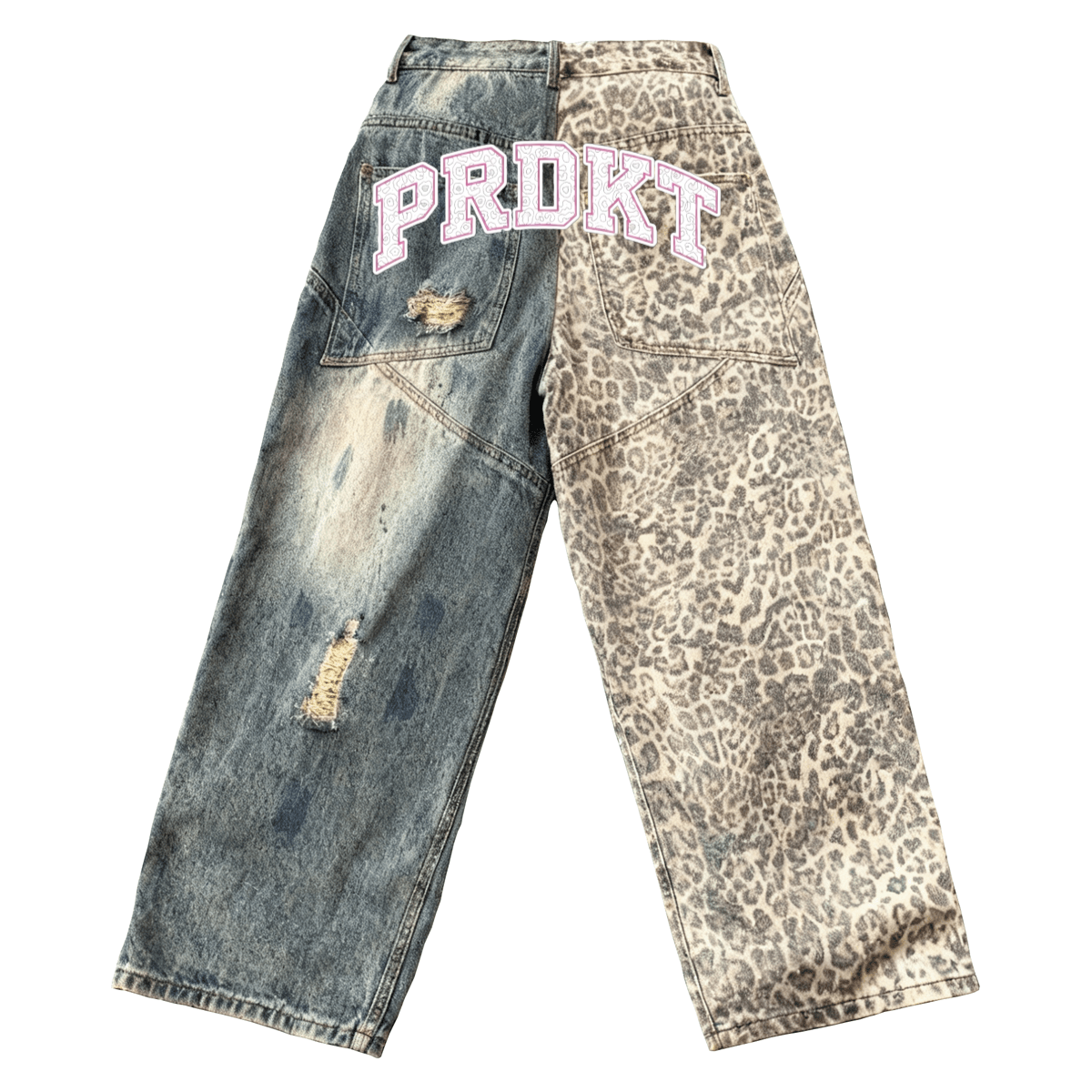 Unisex Washed Distressed Leopard Print Ripped Wide-leg Jeans