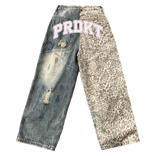 Unisex Washed Distressed Leopard Print Ripped Wide-leg Jeans