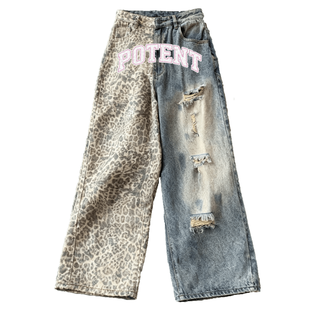 Unisex Washed Distressed Leopard Print Ripped Wide-leg Jeans