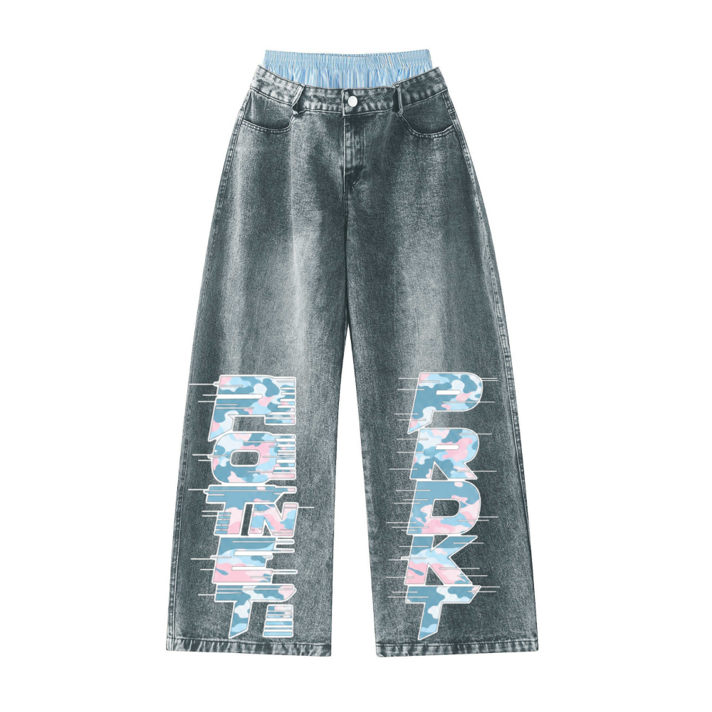 Unisex Double Waist Design Hip-hop Style Wide Leg Jeans