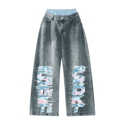 Unisex Double Waist Design Hip-hop Style Wide Leg Jeans