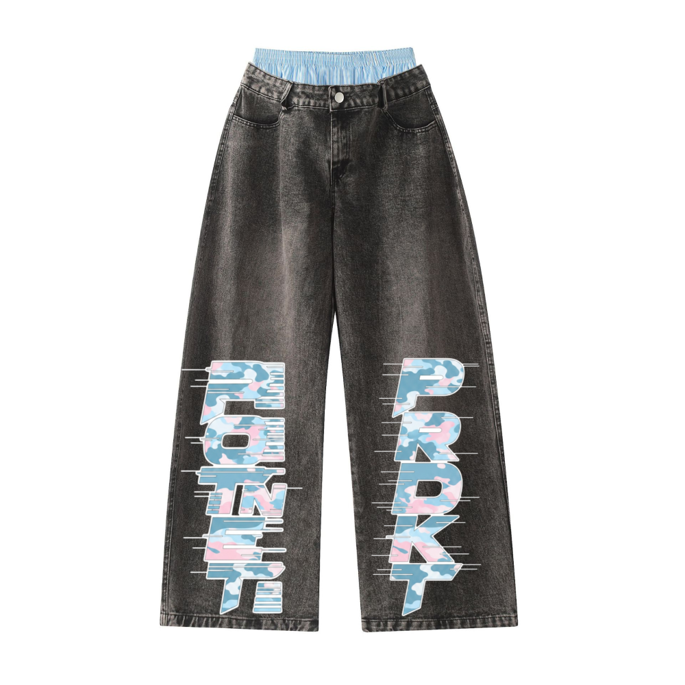 Unisex Double Waist Design Hip-hop Style Wide Leg Jeans