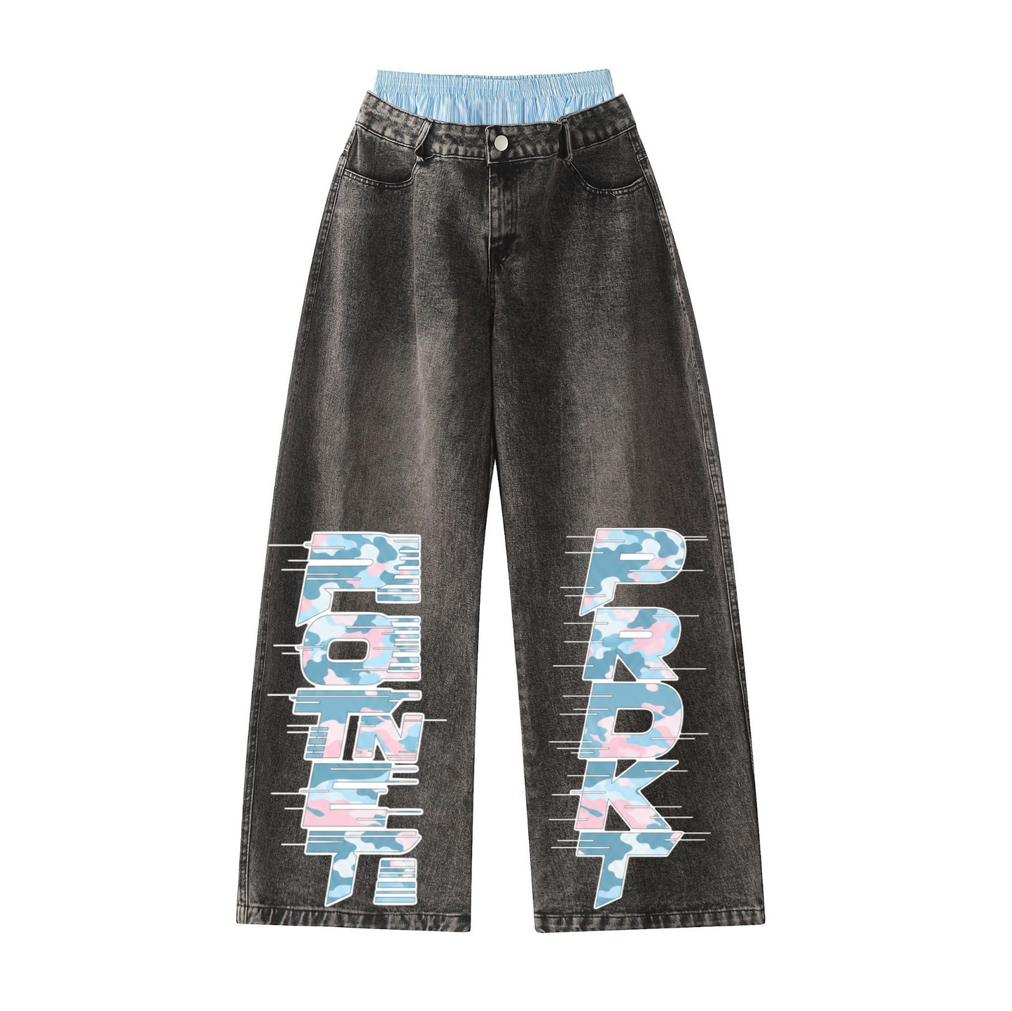 Unisex Double Waist Design Hip-hop Style Wide Leg Jeans