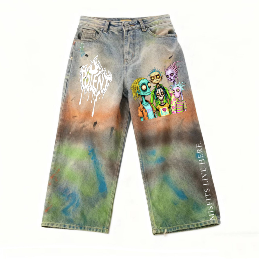 Unisex Vintage Washed Distressed Paint-Splatter Denim Jeans