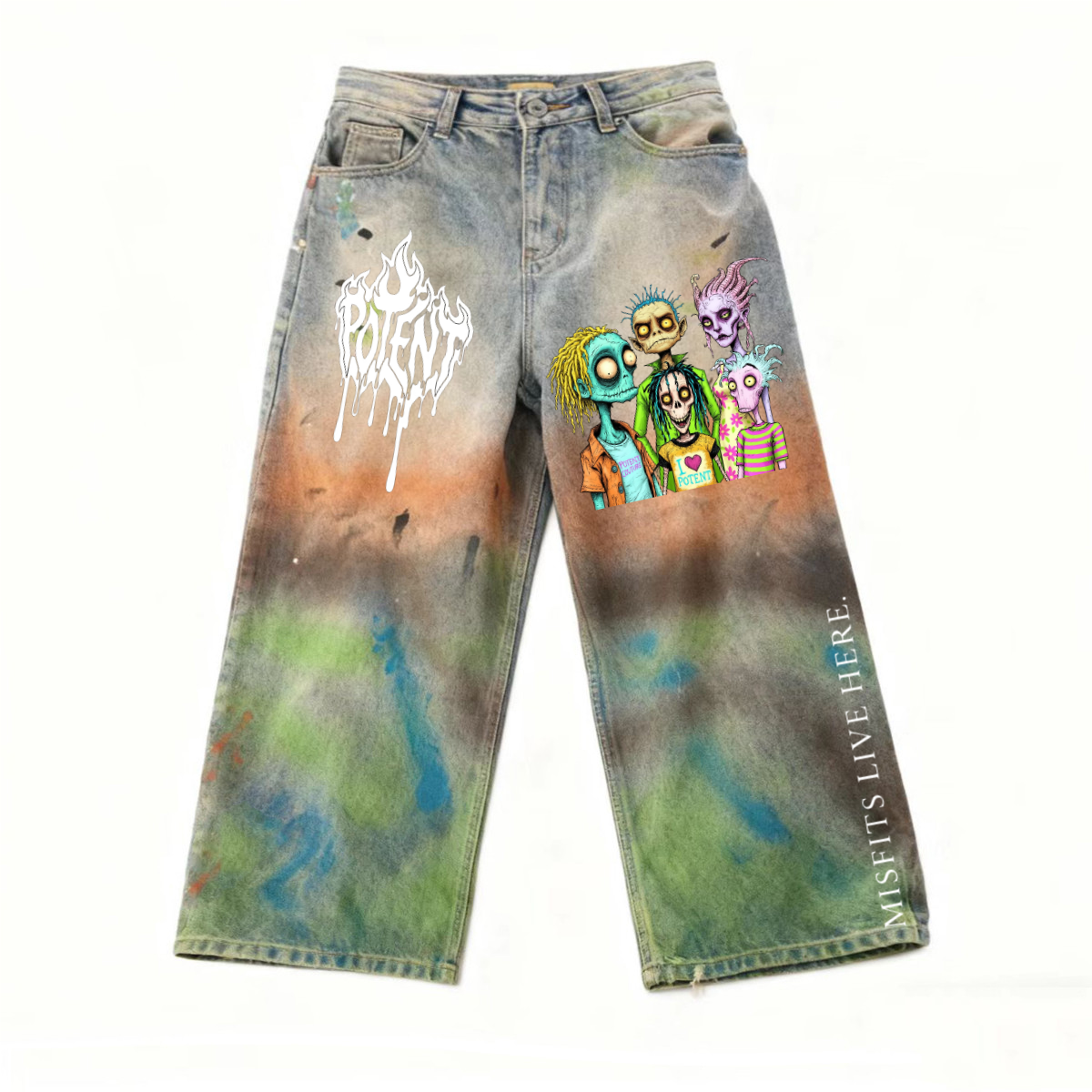 Unisex Vintage Washed Distressed Paint-Splatter Denim Jeans