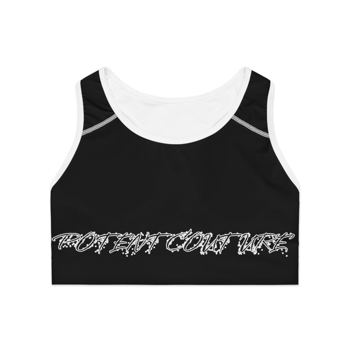 Black Graphic Sports Bra — 'Profeat Couture' Logo Racerback Activewear