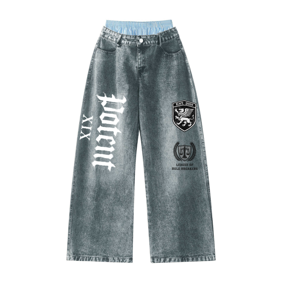 Unisex Double Waist Design Hip-hop Style Wide Leg Jeans