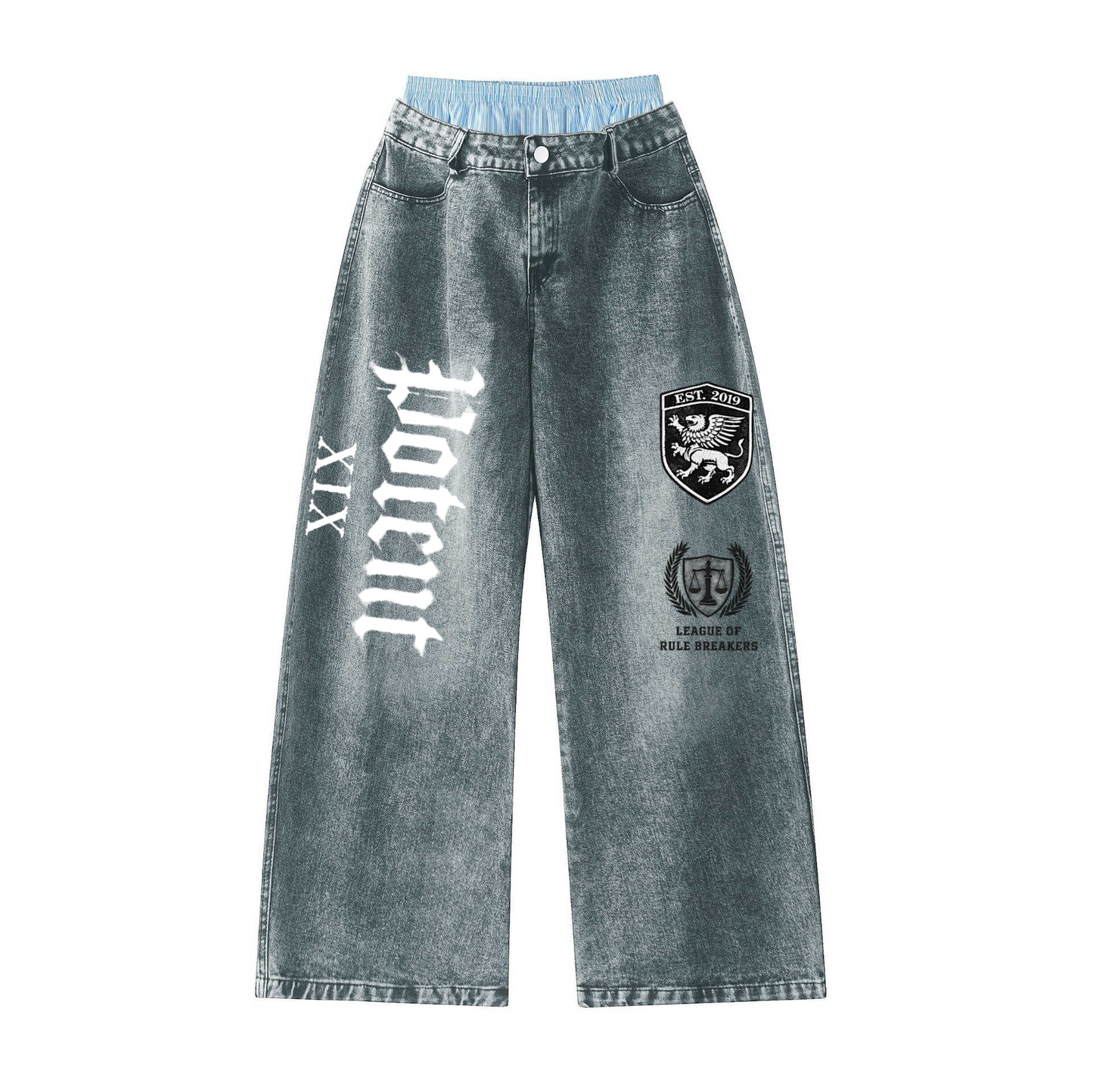 Unisex Double Waist Design Hip-hop Style Wide Leg Jeans