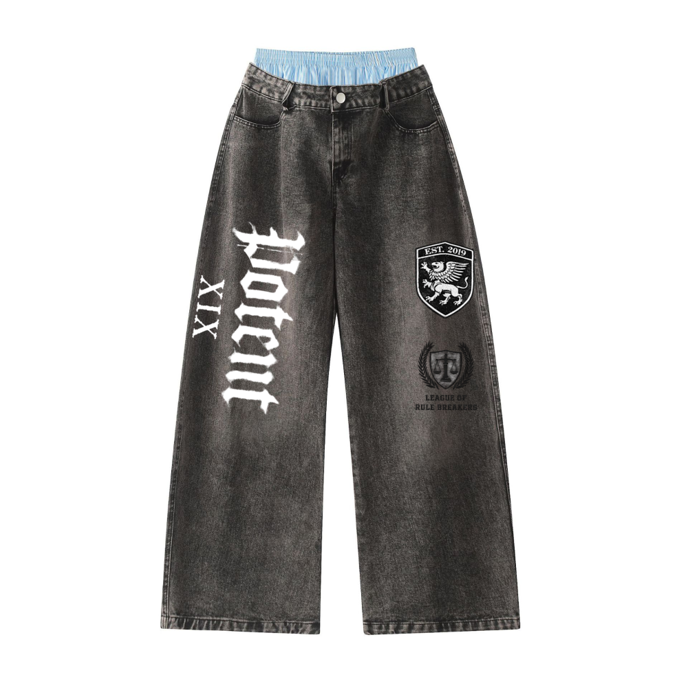 Unisex Double Waist Design Hip-hop Style Wide Leg Jeans