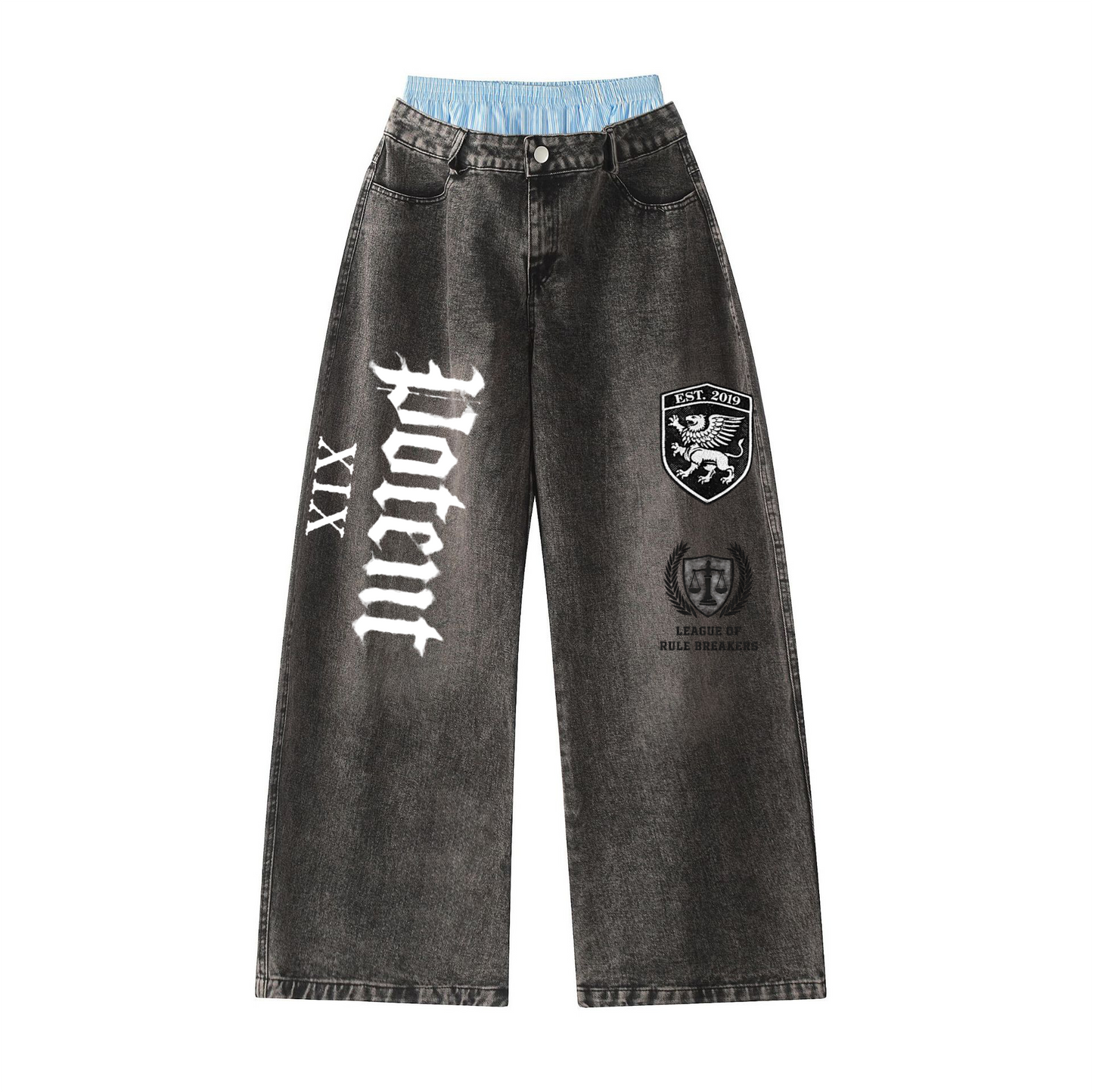 Unisex Double Waist Design Hip-hop Style Wide Leg Jeans