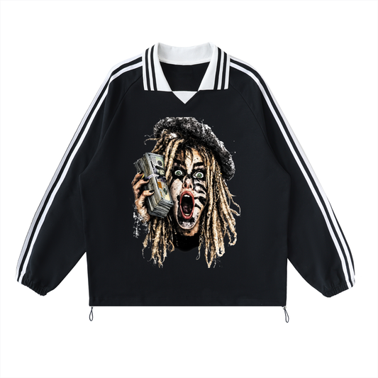 Contrast Striped Lapel Collar Sweatshirt