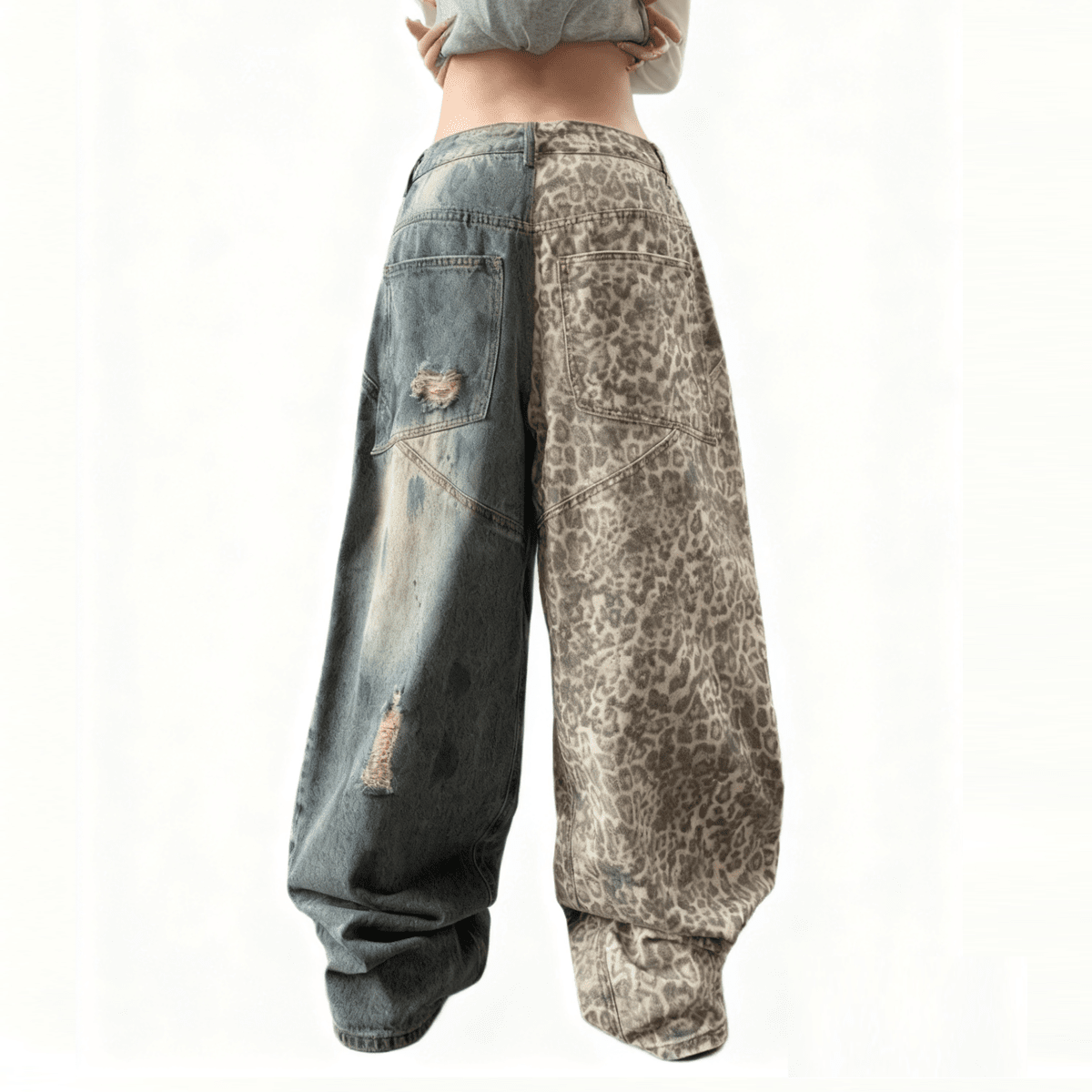 Unisex Washed Distressed Leopard Print Ripped Wide-leg Jeans