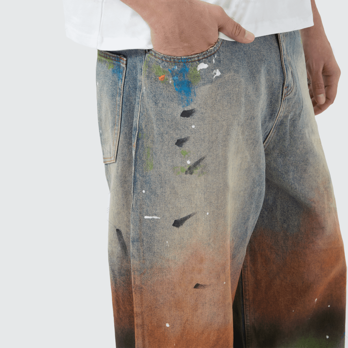 Unisex Vintage Washed Distressed Paint-Splatter Denim Jeans